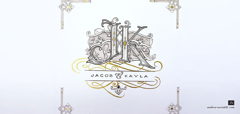 J and K Victorian Cartouche Wedding Monogram Black Ink and Gold