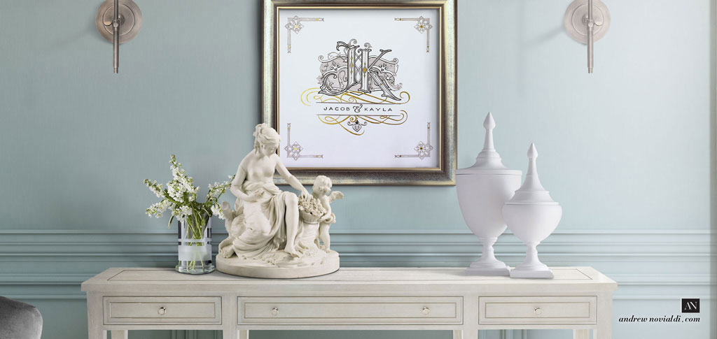 J and K Victorian Cartouche Wedding Monogram Elegant Powder Blue Interior Venus Sculpture