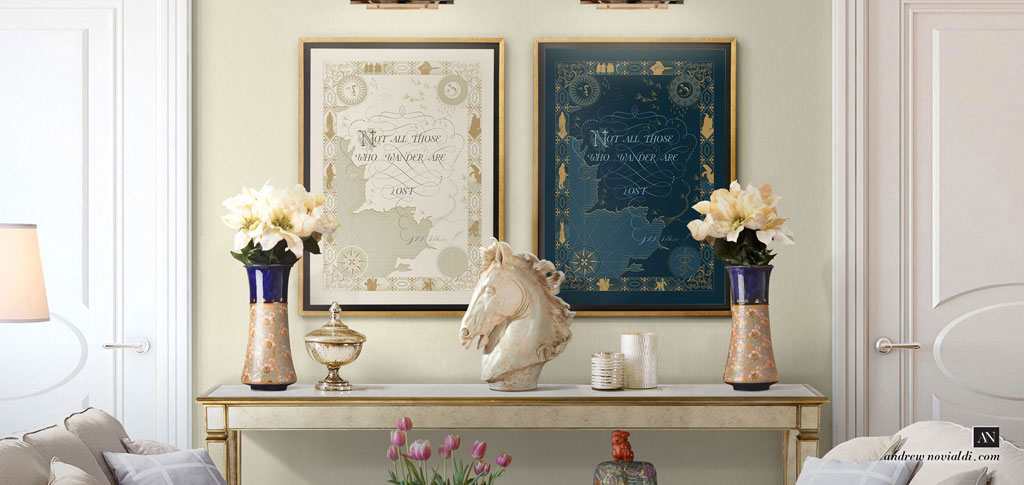 Not All Those Who Wander Are Lost - Tolkien's Quote Classical Cartography Map Framed in Luxurious Interior Furniture