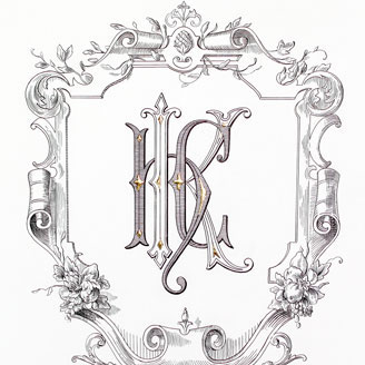 H K C Monogram Baroque Cartouche Fruit Bouquet Elegant Lettering Design