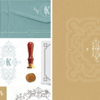H K C Monogram Baroque Cartouche Personalized Stationery Seal Wax Envelope Card Design