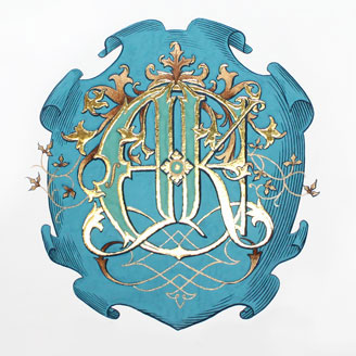 James Ehnes and Kate Monogram Gold Teal Shield Royal Family Crest Design