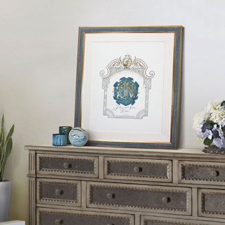 James Ehnes and Kate Monogram Gold Teal Wedding Shield Design Family Bedroom