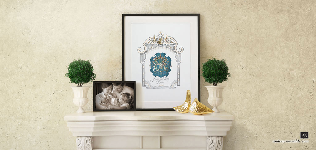 James Ehnes and Kate Monogram Gold Teal Shield Royal Heraldry Family Crest Violin