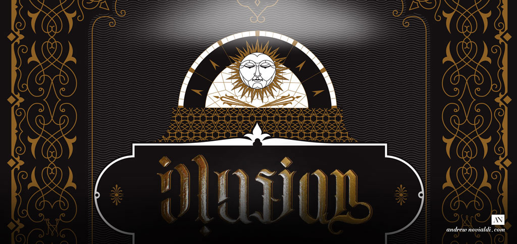 Typollusionist Sun Illusion Ornament Hidden Type Ambigram Gold on Black Calligraphy Poster