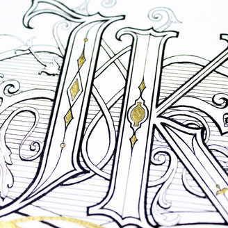 J and K Victorian Cartouche Wedding Monogram Black Ink and Gold