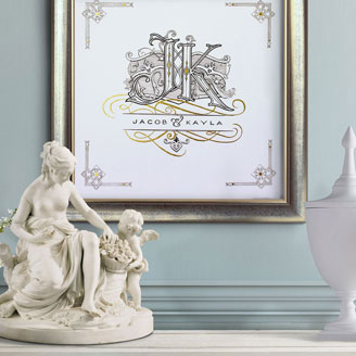 J and K Victorian Cartouche Wedding Monogram Elegant Victorian Sculpture Blue Interior