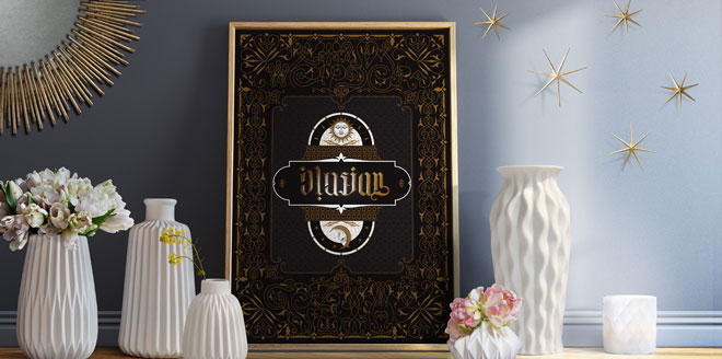 Typollusionist Moon Magic Ambigram Black and Gold Watchface Lettering Design Sun Stars Porcelain Interior
