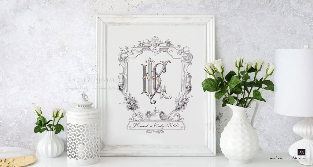 HKC Family Cypher Monogram with Baroque Cartouche Ornament Framed with White Rose and Lantern
