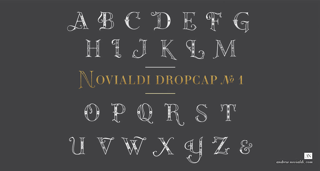Novialdi Dropcap No.1 Full Set Alphabet Family Glyph Typography.