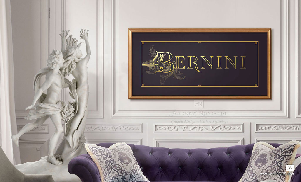 Novialdi Dropcap No.1 Bernini Curstom Lettering Elegance in Gold and Purple.