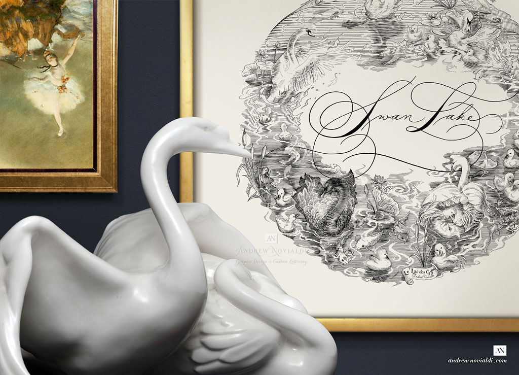 Illustration Artwork Inspired by Tchaikovsky's Swan Lake Ballet Framed with Degas Ballet and White Porcelain Swan Sculpture