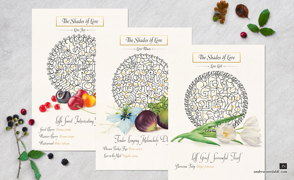 The Shades of Love Design Series with Lettering Roundels in Black and Gold Representation of Love Design